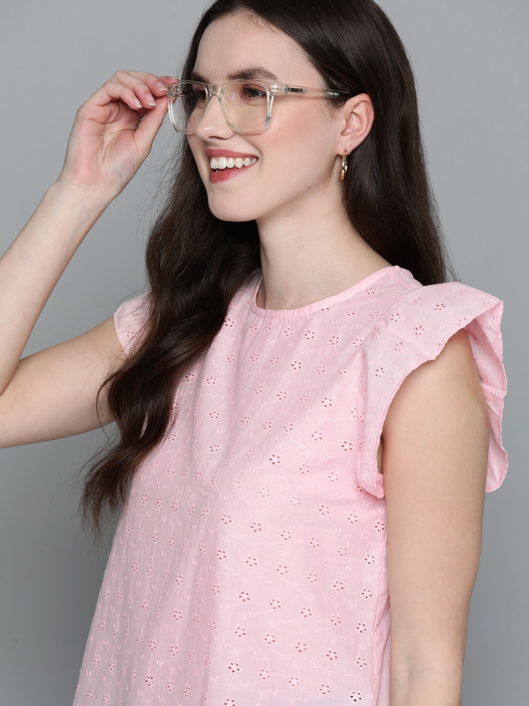 

Mast & Harbour Pink Schiffli Flutter Sleeves Pure Cotton Top