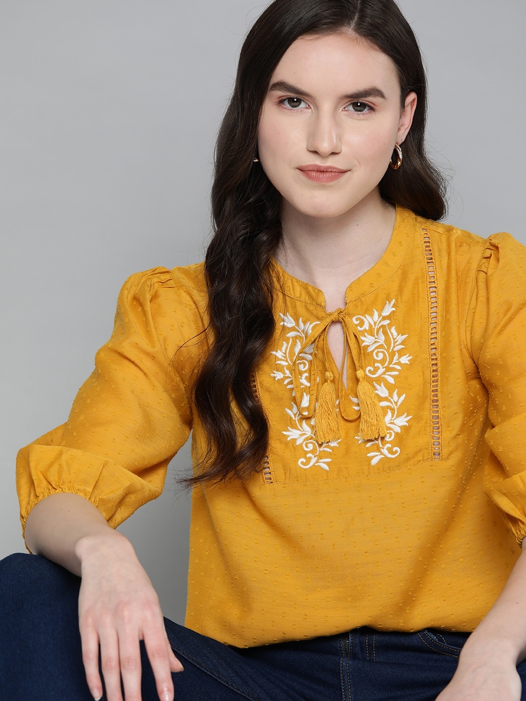 

Mast & Harbour Embroidered Tie-Up Neck Dobby Weave Top, Mustard