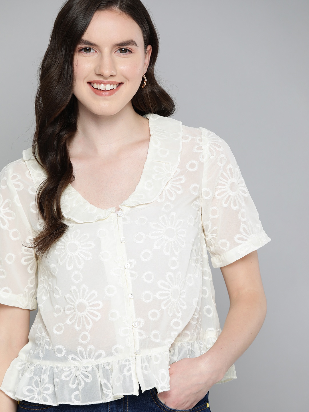 

Mast & Harbour Floral Embroidered Semi-Sheer Top, Off white