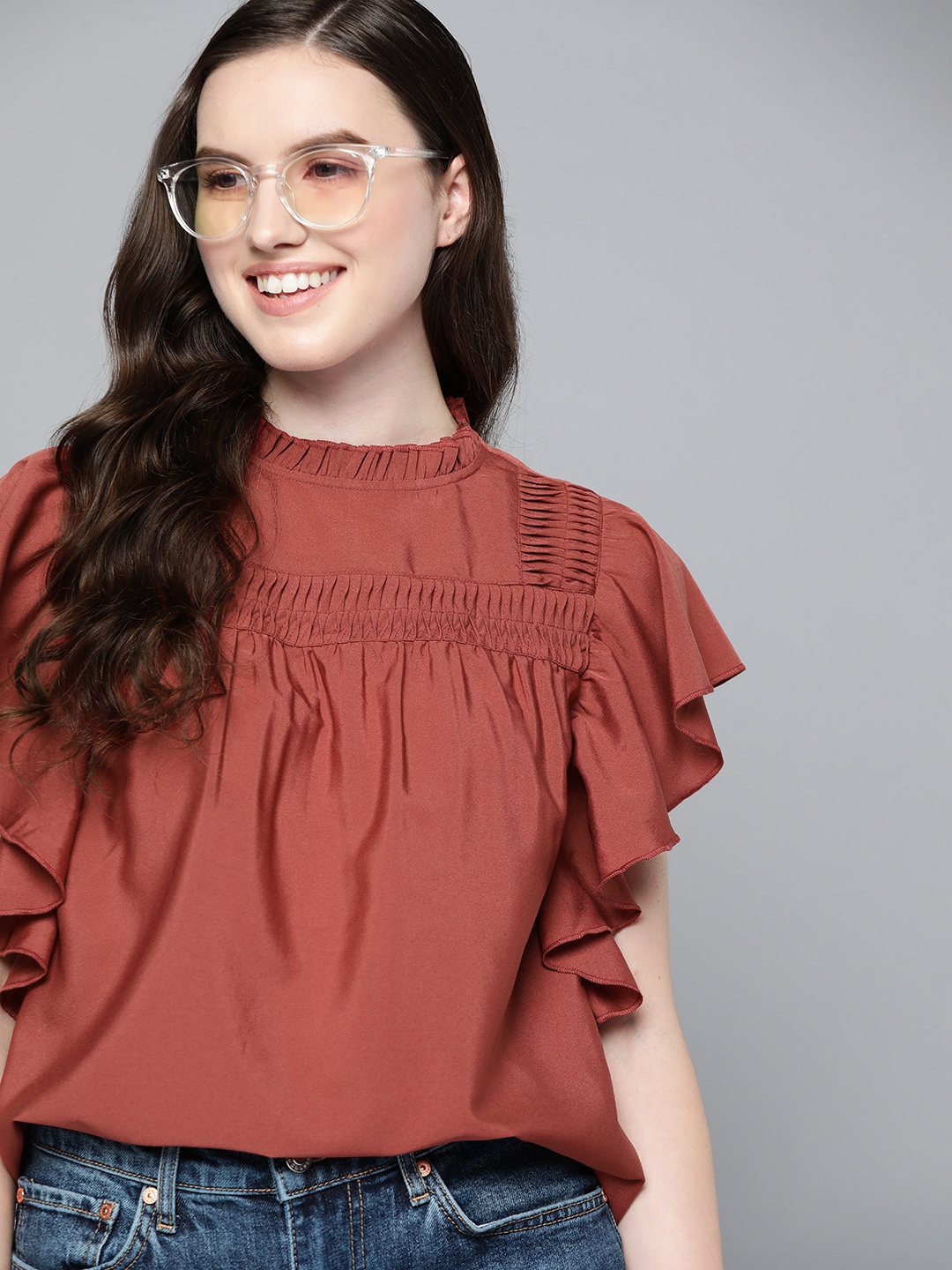 

Mast & Harbour Women Rust Red Solid Mandarin Collar Top