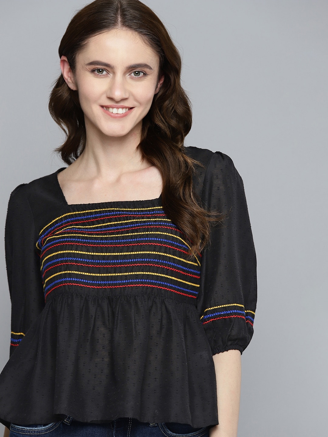 

Mast & Harbour Dobby Weave Horizontal Striped Peplum Top, Black