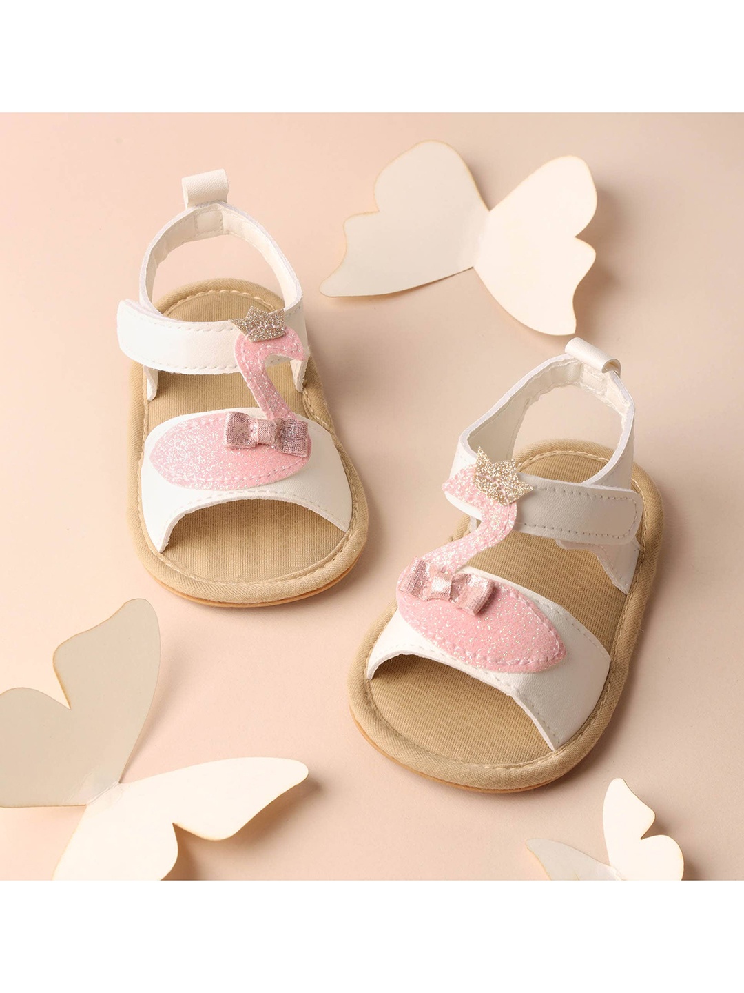 

KICKS & CRAWL Girls White Embellished Open Toe Flats with Bows