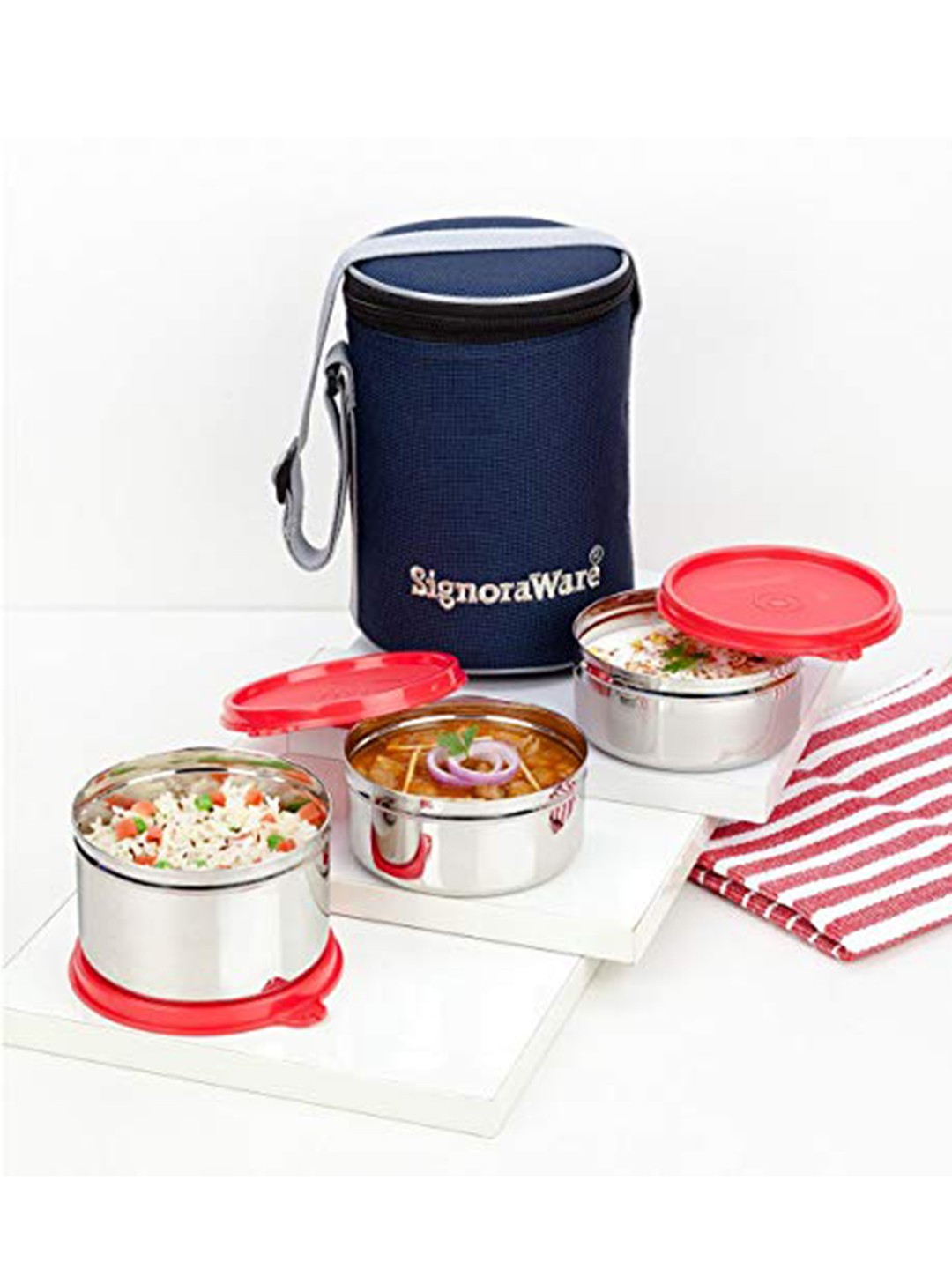 

SignoraWare 2Pieces of Microwave safe Silver-Toned Solid Lunch box, Blue
