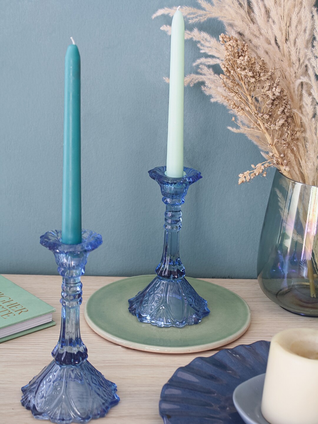 

The Wishing Chair Vintage Recyled Glass Candle Holders - Tall - Set Of 2 - Iris, Blue