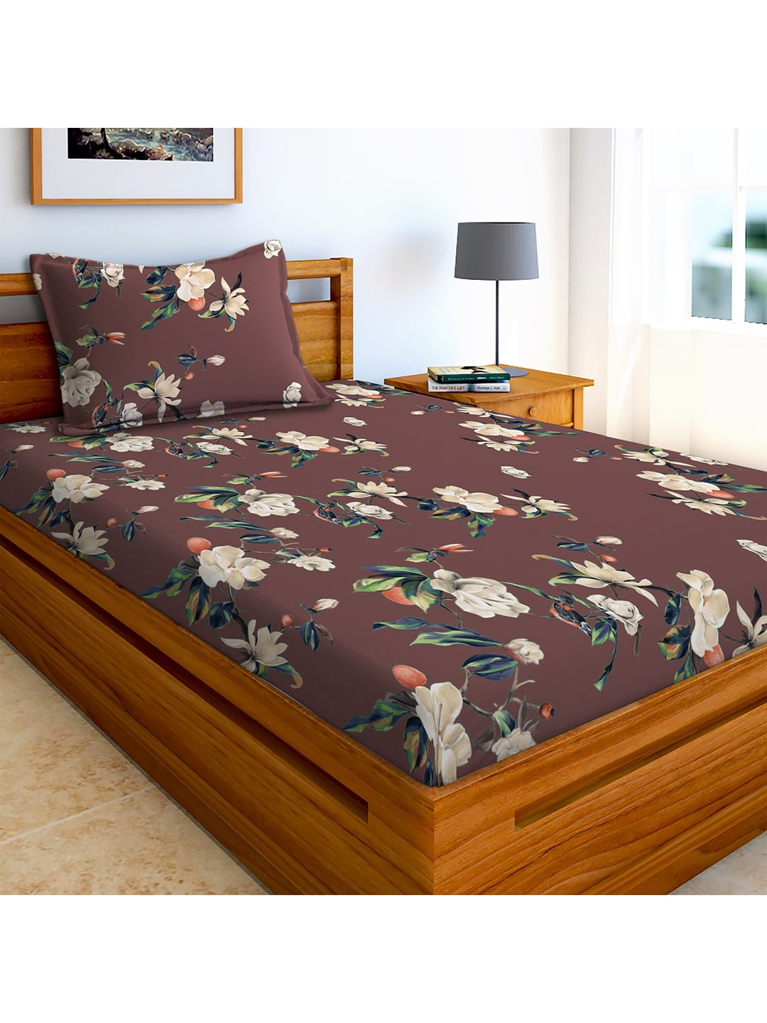 

AEROHAVEN Brown & Green Floral 210 TC Single Bedsheet with 1 Pillow Covers