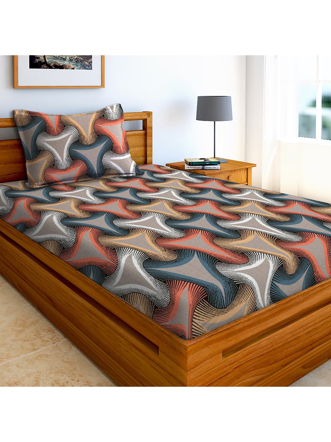 

AEROHAVEN Peach-Coloured & Blue 210 TC Single Bedsheet with 1 Pillow Cover