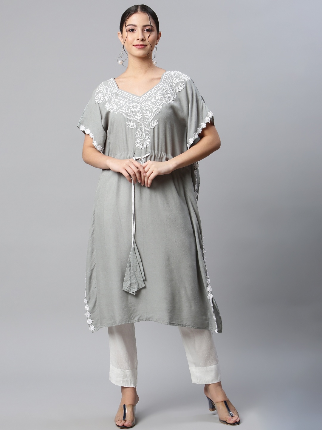

SHADES Chikankari Yoke Design Flared Sleeves Kaftan Kurta, Grey