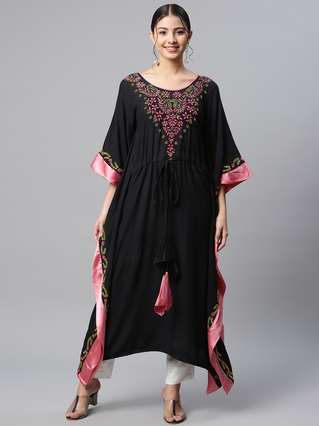

SHADES OF FAASHION Women Black Pink Floral Yoke Design Flared Sleeves Kaftan Kurta