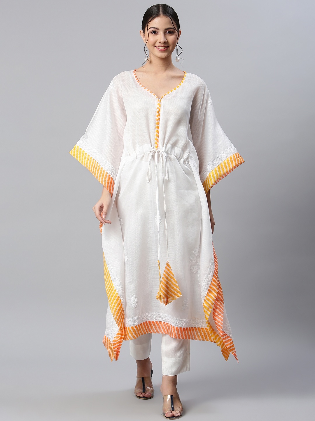 

SHADES Women White & Mustard Yellow Flared Sleeves Kaftan Kurta