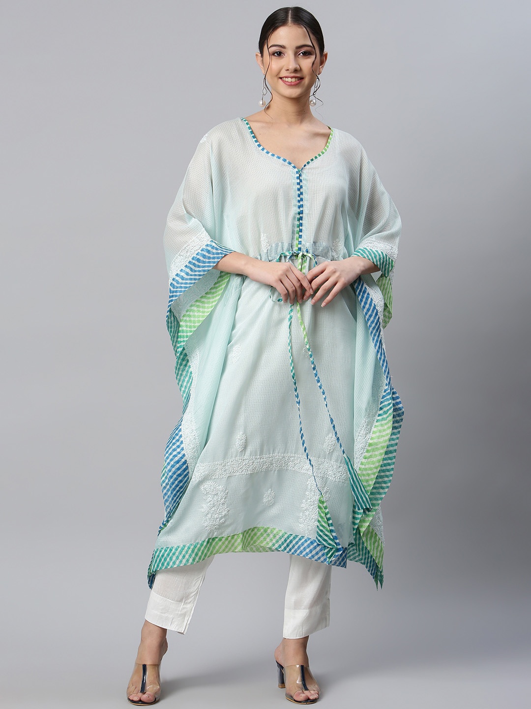 

SHADES OF FAASHION Chikankari Flared Sleeves Kaftan Kurta, Sea green