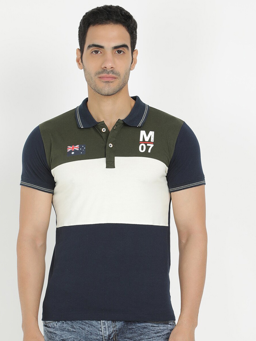 

V2 Value & Variety Men Navy Blue & Olive Green Colourblocked Polo Collar T-shirt
