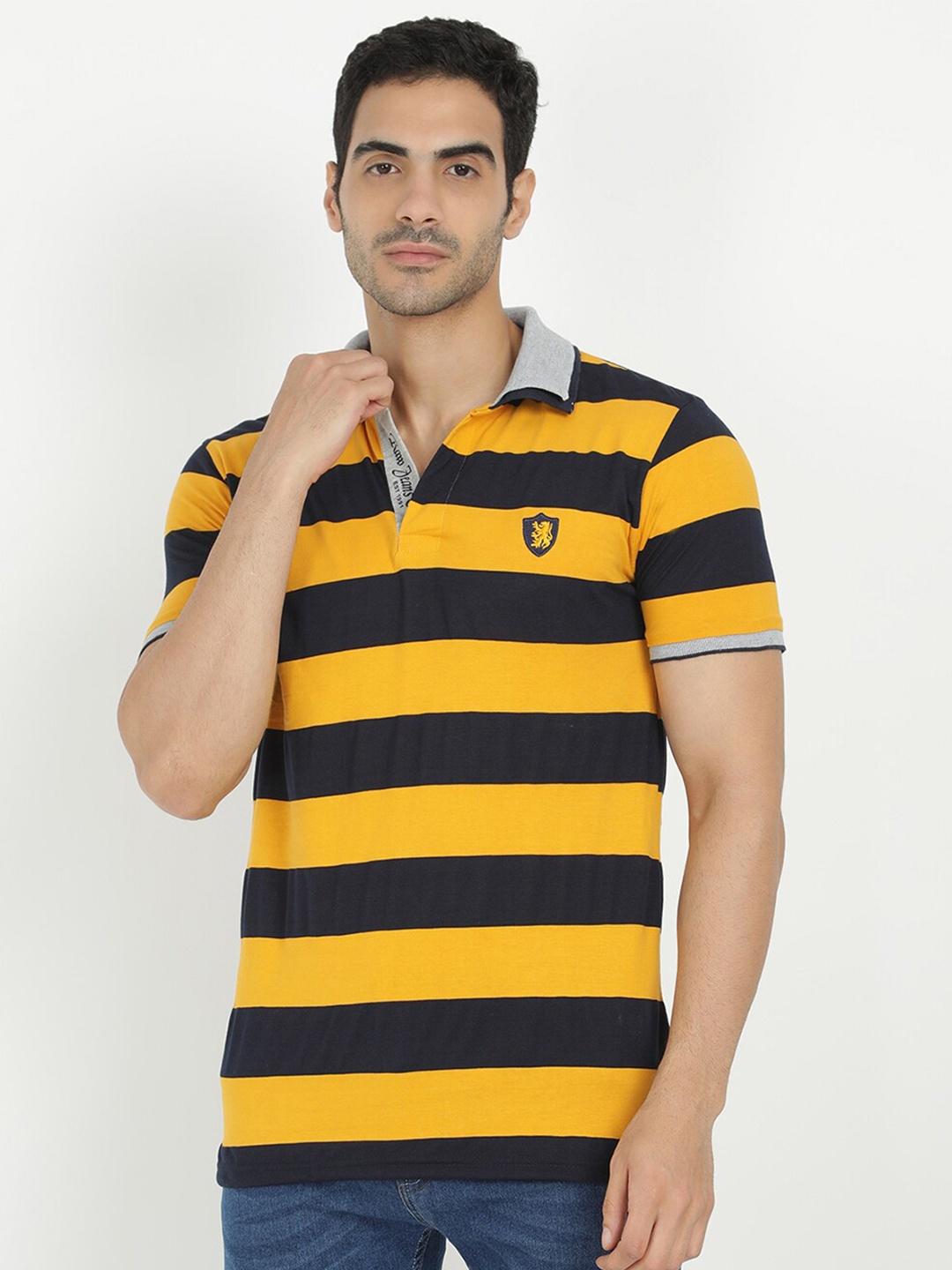 

V2 Value & Variety Men Mustard Yellow Striped Polo Collar T-shirt