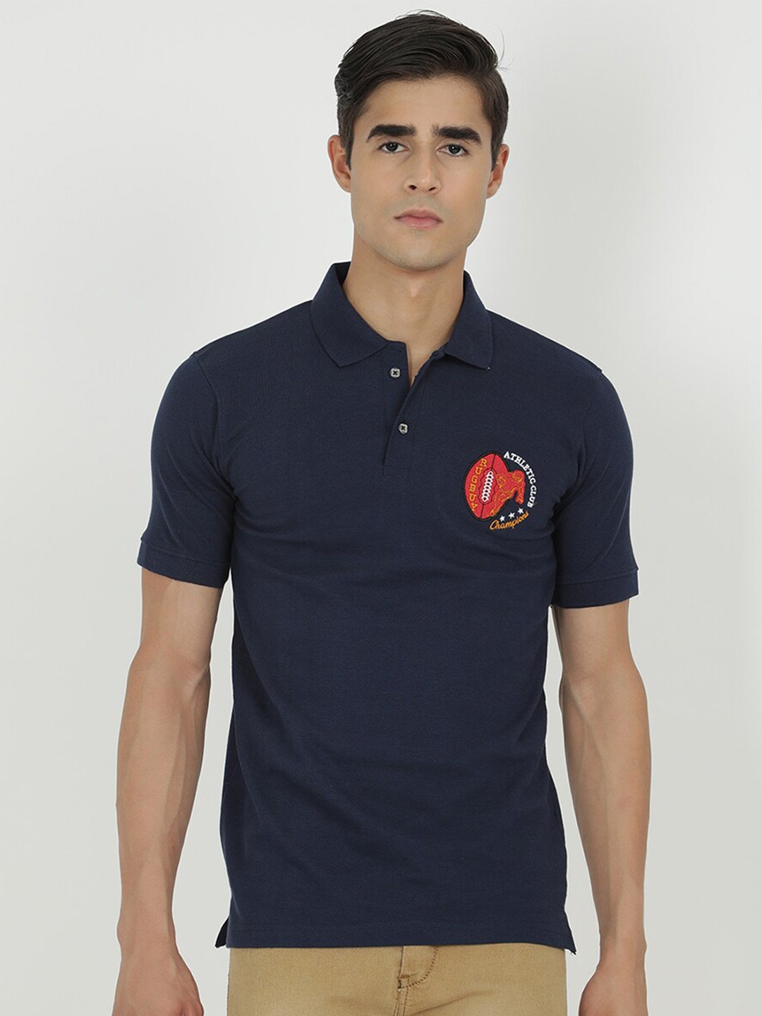 

V2 Value & Variety Men Navy Blue Polo Collar Applique T-shirt