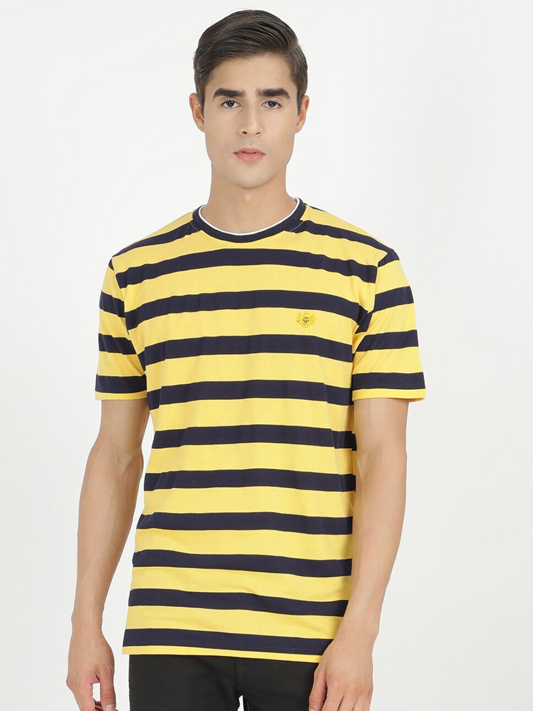 

V2 Value & Variety Men Mustard Yellow & Black Cotton Striped T-shirt