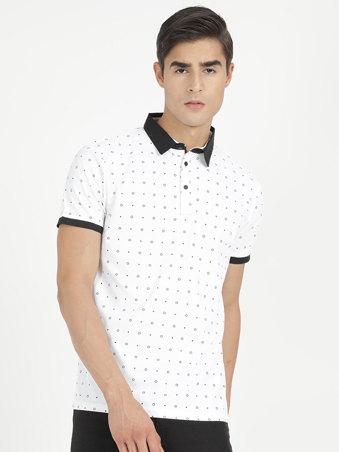 

V2 Value & Variety Men White & Black Cotton Printed Polo Collar T-shirt