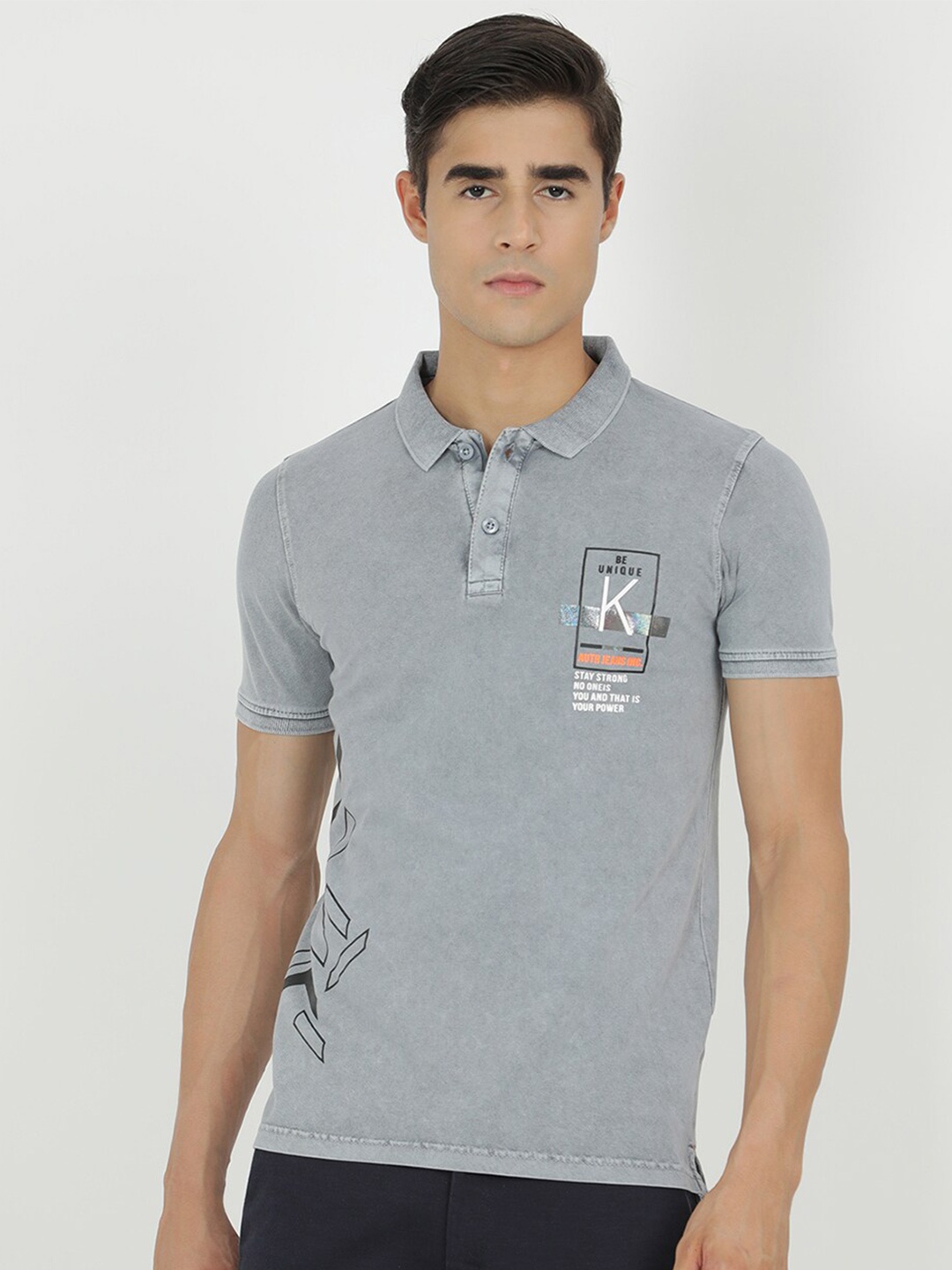 

V2 Value & Variety Men Grey Typography Polo Collar T-shirt