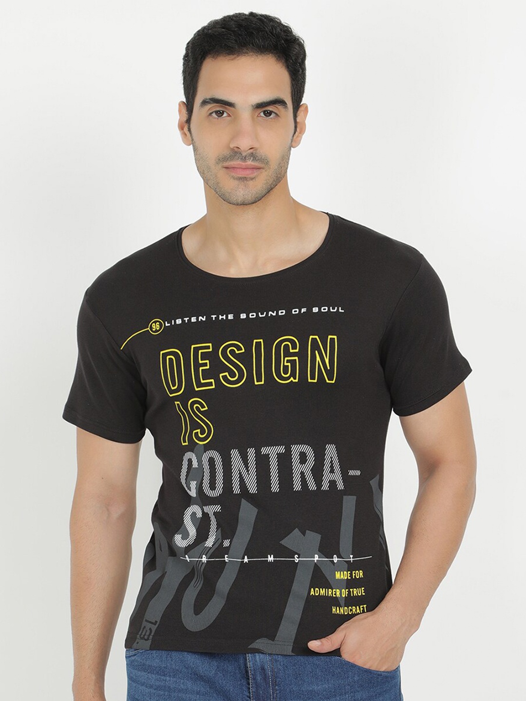 

V2 Value & Variety Men Black & Yellow Cotton Typography Printed T-shirt