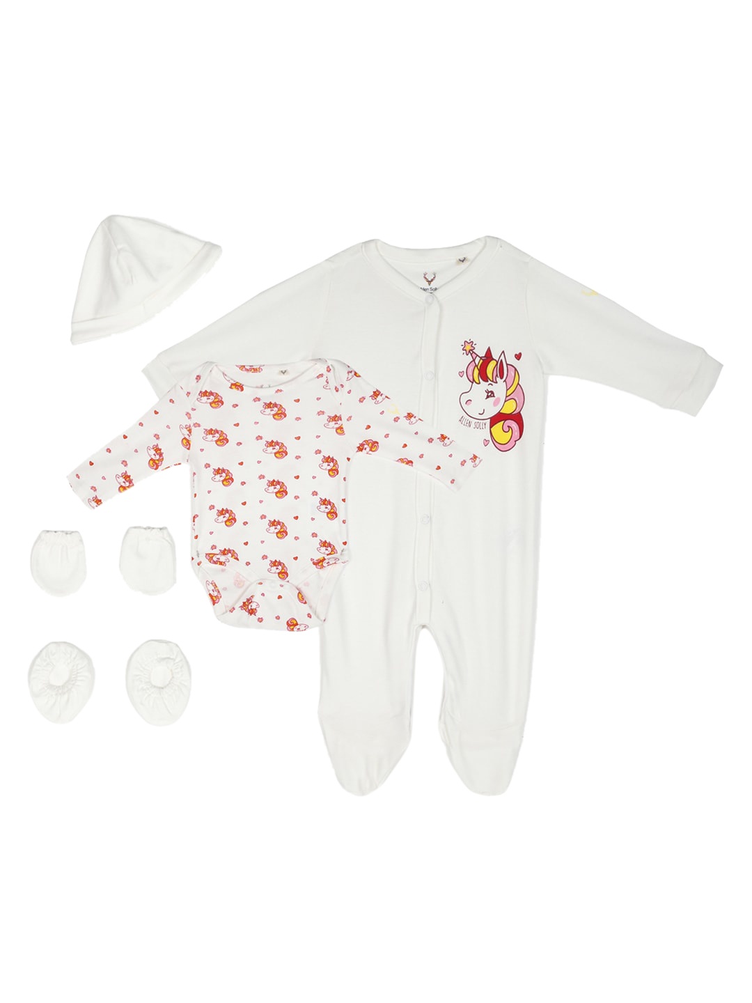 

Allen Solly Junior Girls Set of 2 White & Red Pure Cotton Sleepsuit with Socks & Gloves