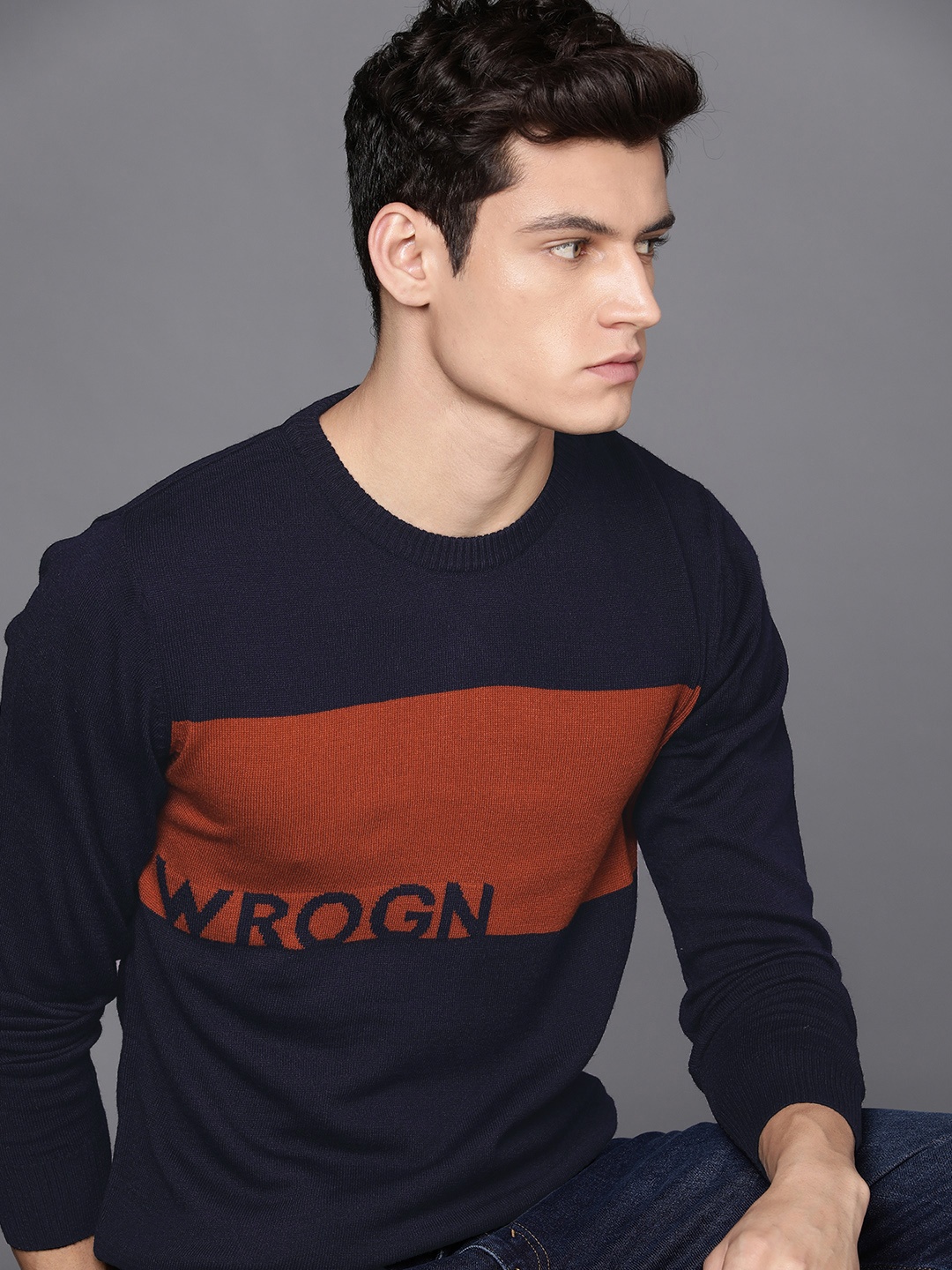 

WROGN Men Blue & Orange Colourblocked Slim-Fit Pullover