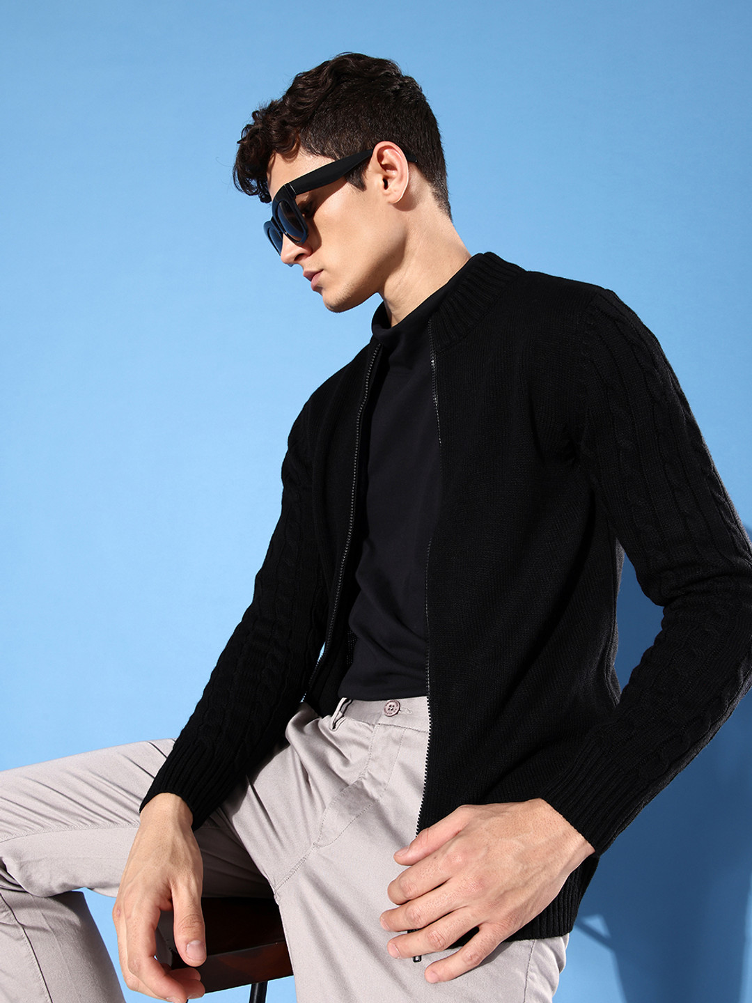 

WROGN Men Black Cable Knit Slim Fit Acrylic Cardigan