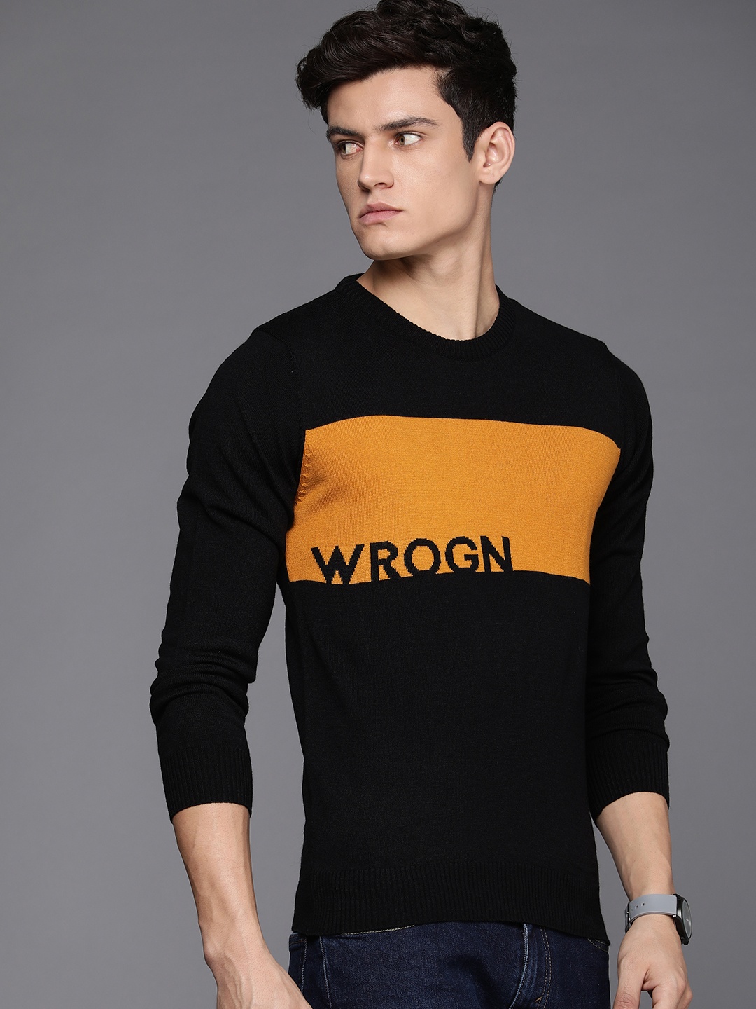 

WROGN Men Black & Yellow Colourblocked Slim-Fit Pullover with Embroidered Detail