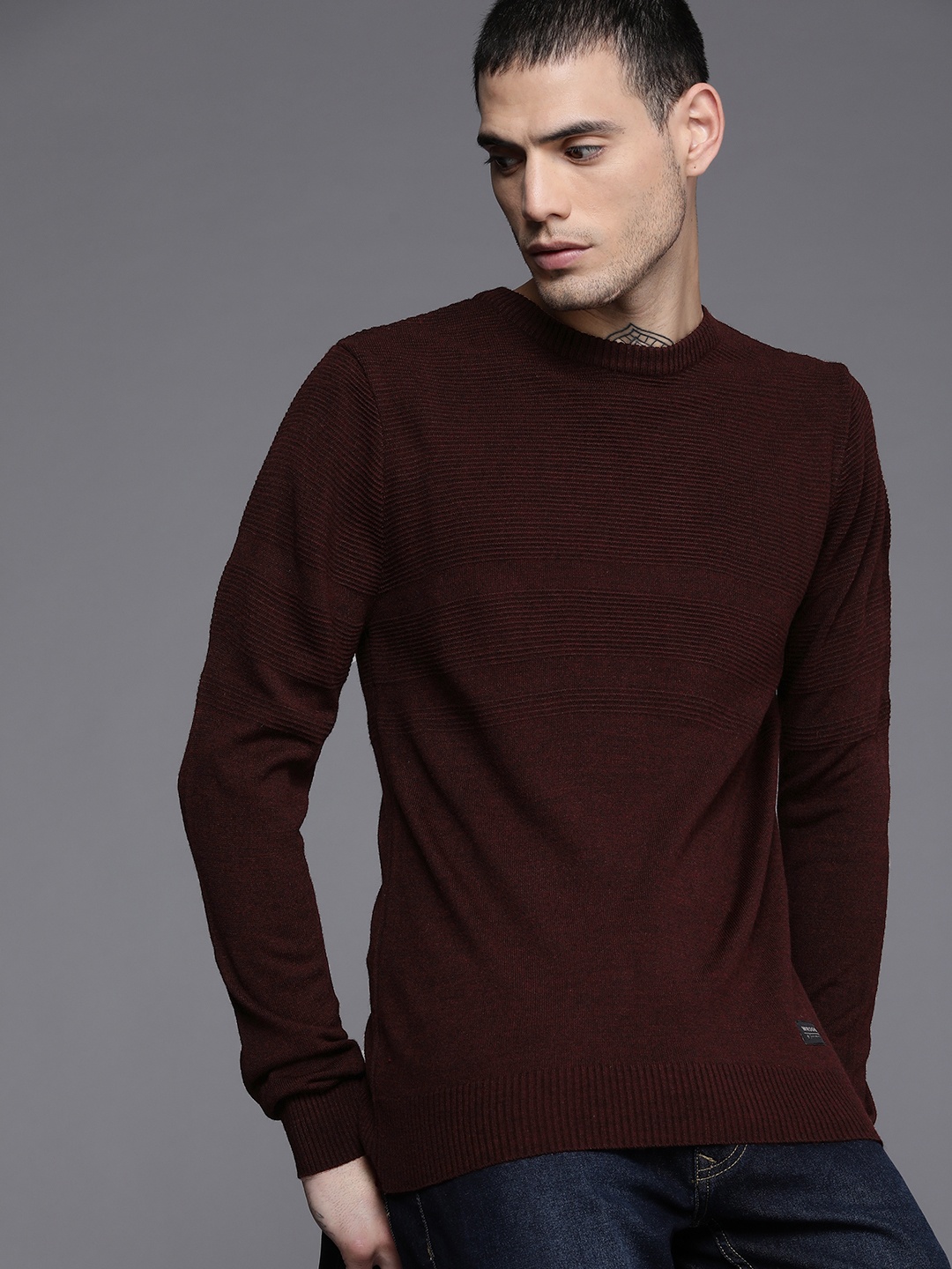 

WROGN Men Maroon Striped Pullover Sweater