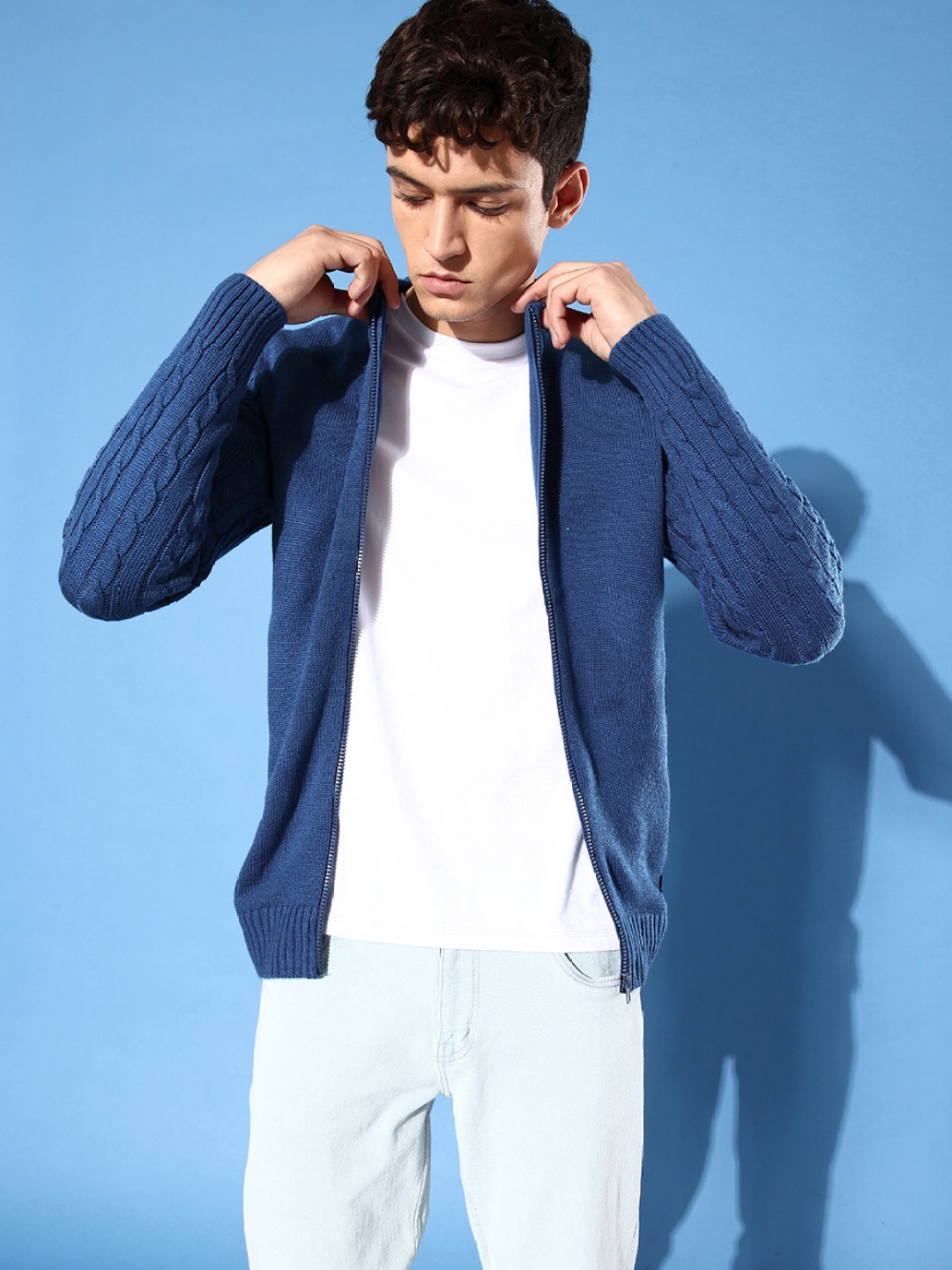 

WROGN Men Blue Cable Knit Slim Fit Acrylic Cardigan