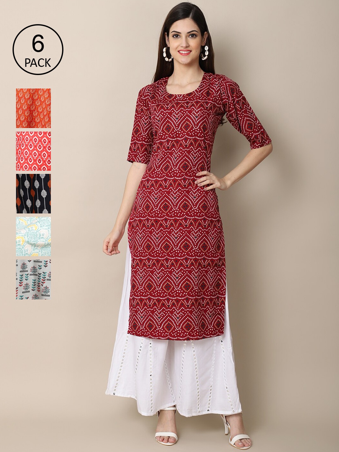 

7Threads Women PACK OF 6 Floral Printed Summer Sheers Crepe Kurta, Multi