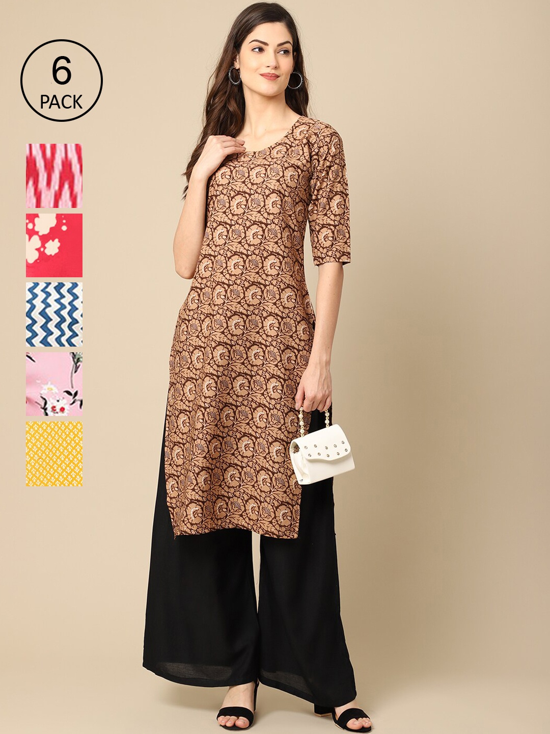 

7Threads Women Pack Of 6 Ethnic Motifs Printed Summer Sheers Crepe Kurta, Brown