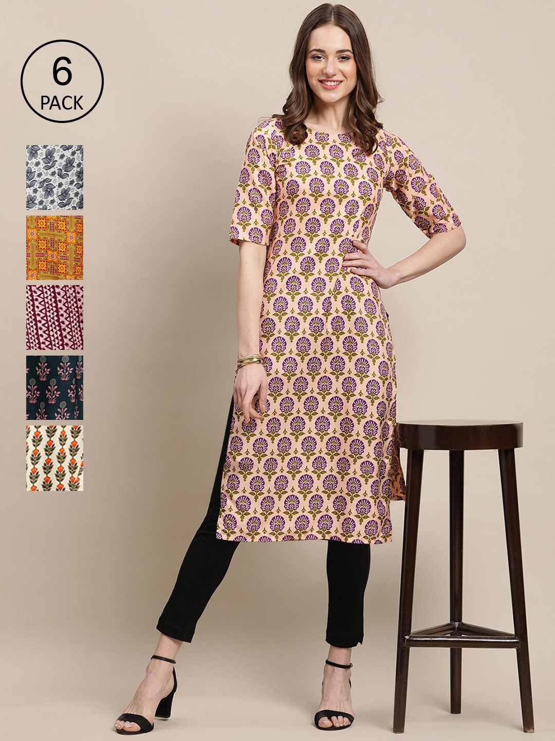 

7Threads Women Pack Of 6 Summer Sheers Crepe Kurta, Mustard