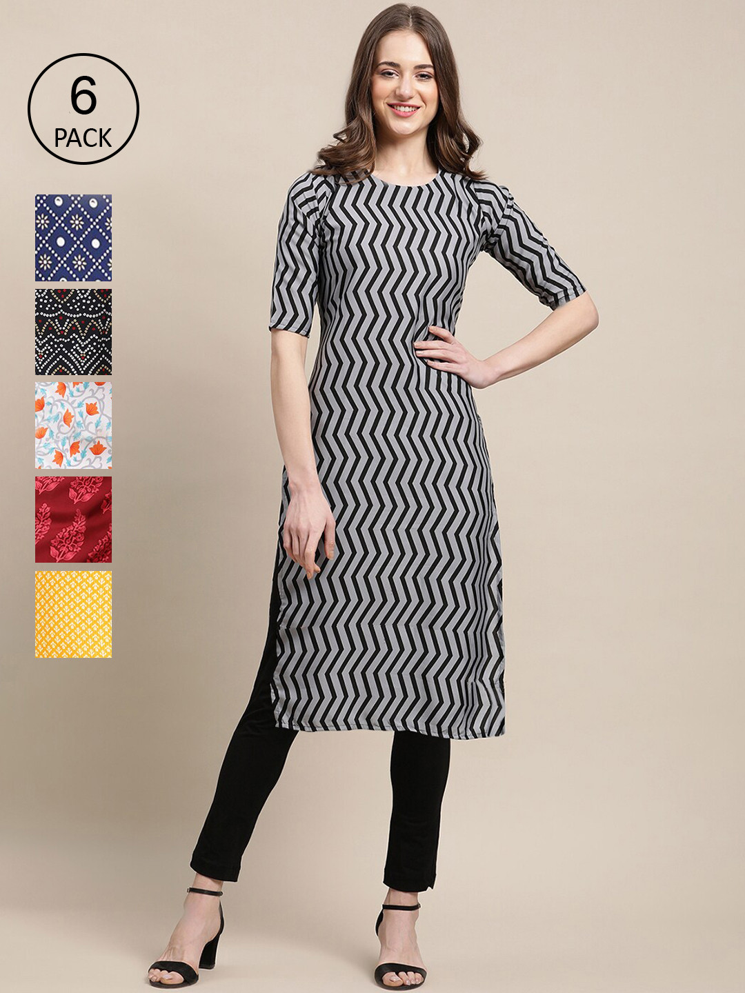 

7Threads Women Set Of 6 Navy Blue & Yellow Floral Printed Crepe Kurta