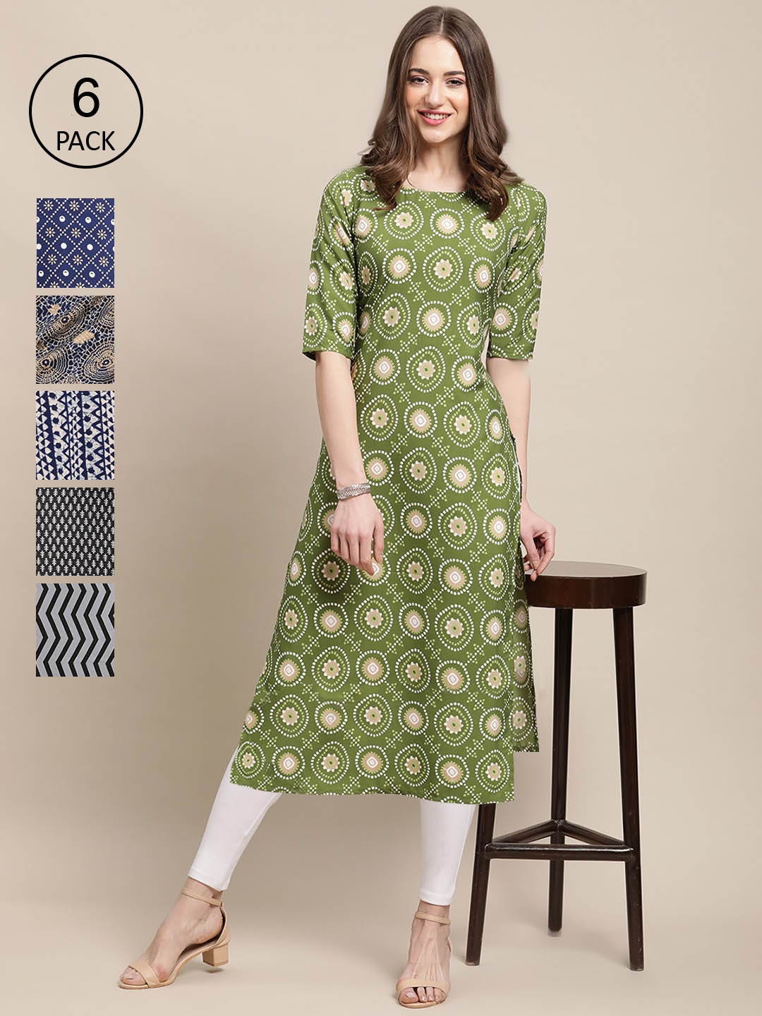 

7Threads Women's Crepe Multi Color Digital Printed Straight Kurta [PACK OF 6]