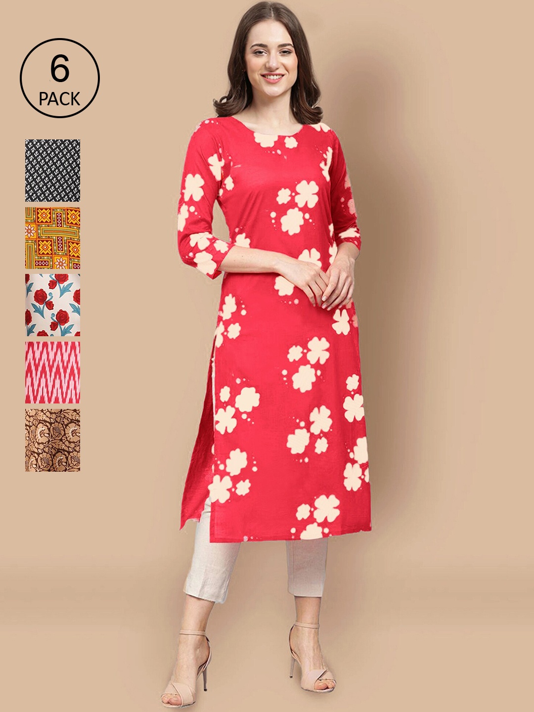 

7Threads Women Red & Black Ethnic Motifs Printed Summer Sheers Crepe Kurta
