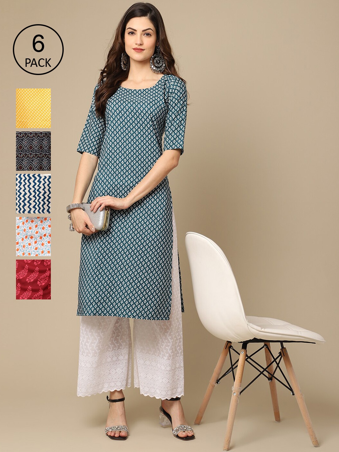 

7Threads Women Yellow & Red Geometric Striped Crepe Kurta