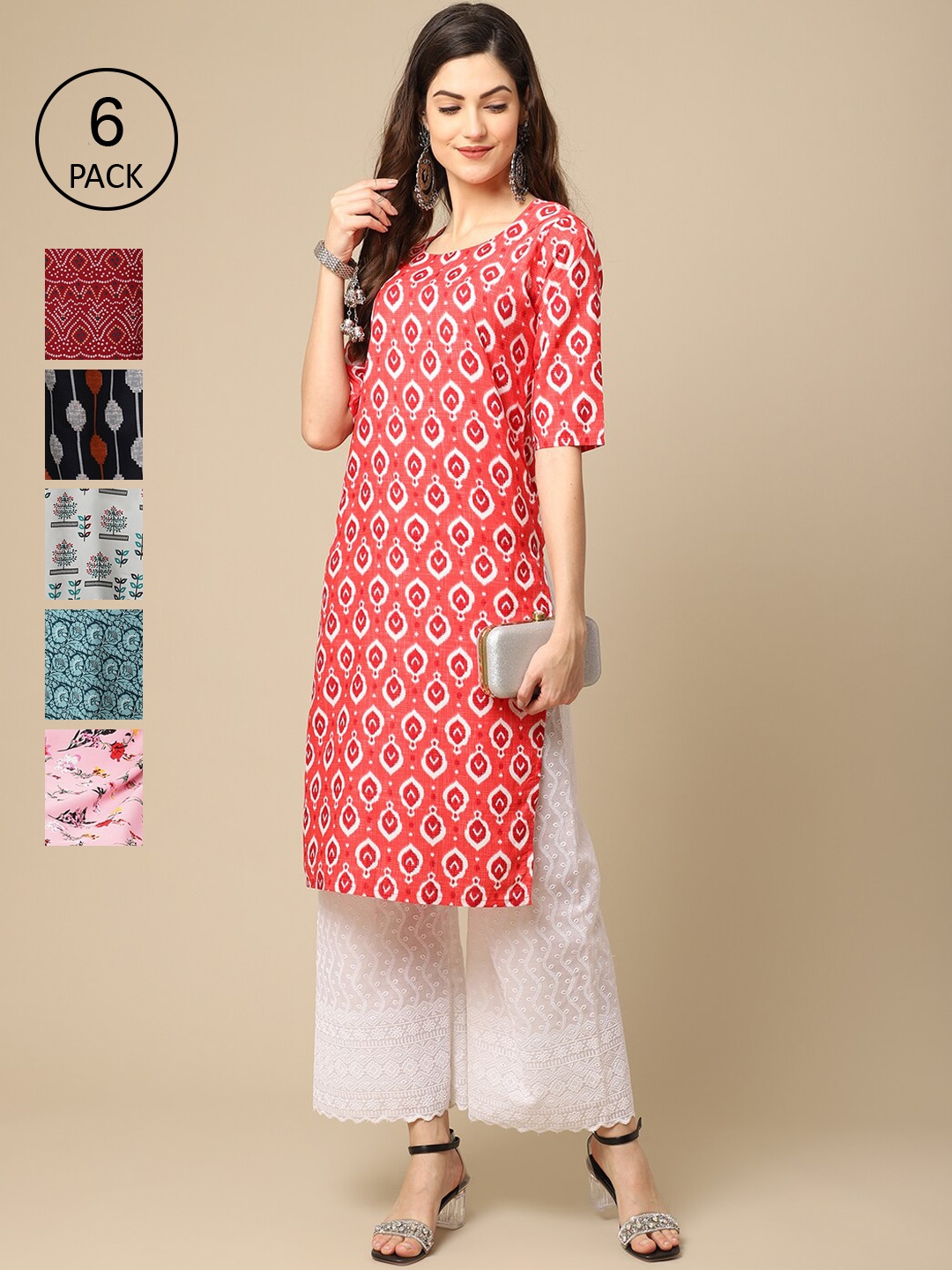 

7Threads Women's Crepe Multi Color Digital Printed Straight Kurta [PACK OF 6]