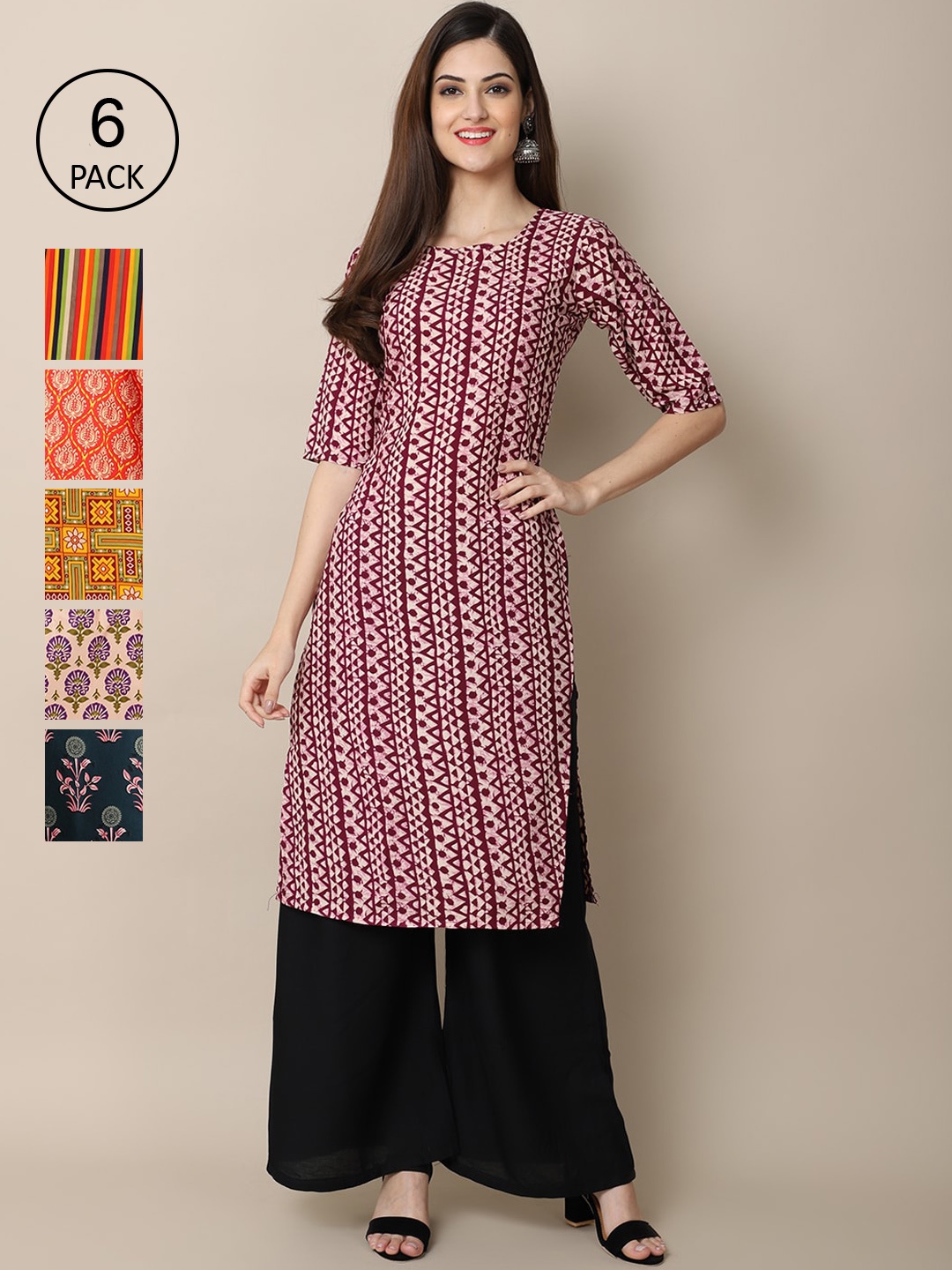 

1 Stop Fashion Women Pack Of 6 Printed Summer Sheers Crepe Kurta, Maroon