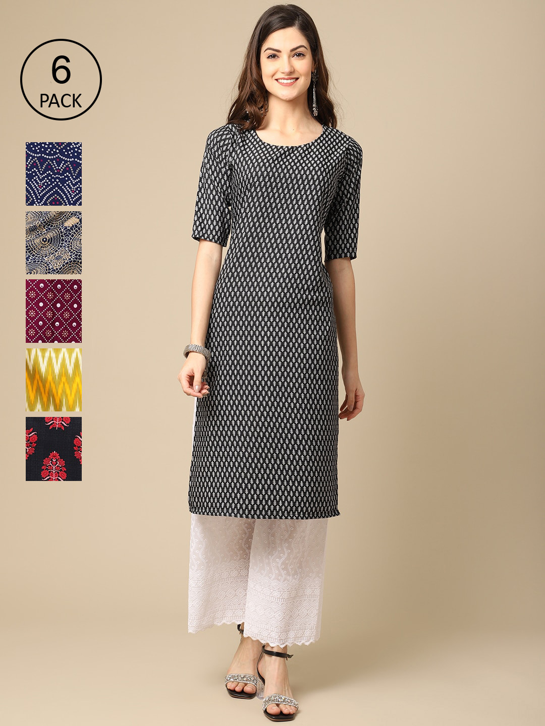 

7Threads Women PACK OF 6 Geometric Printed Thread Work Summer Sheers Crepe Kurta, Multi