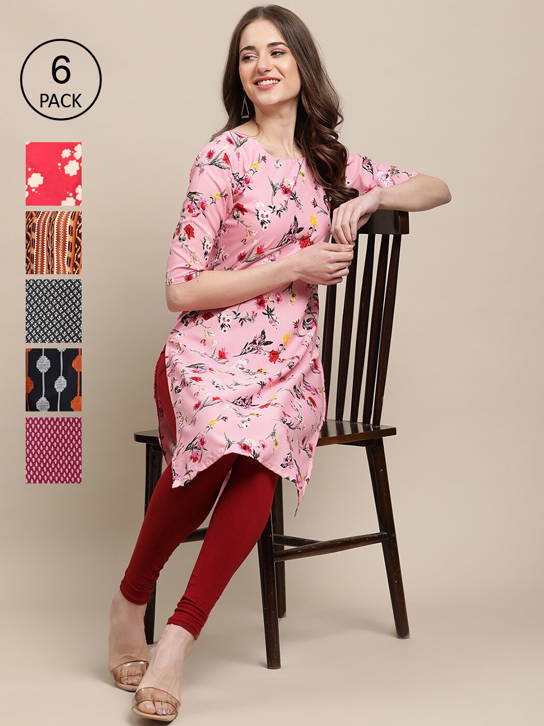 

7Threads Women Pack Of 6 Pink & Black Geometric Printed Crepe Kurta