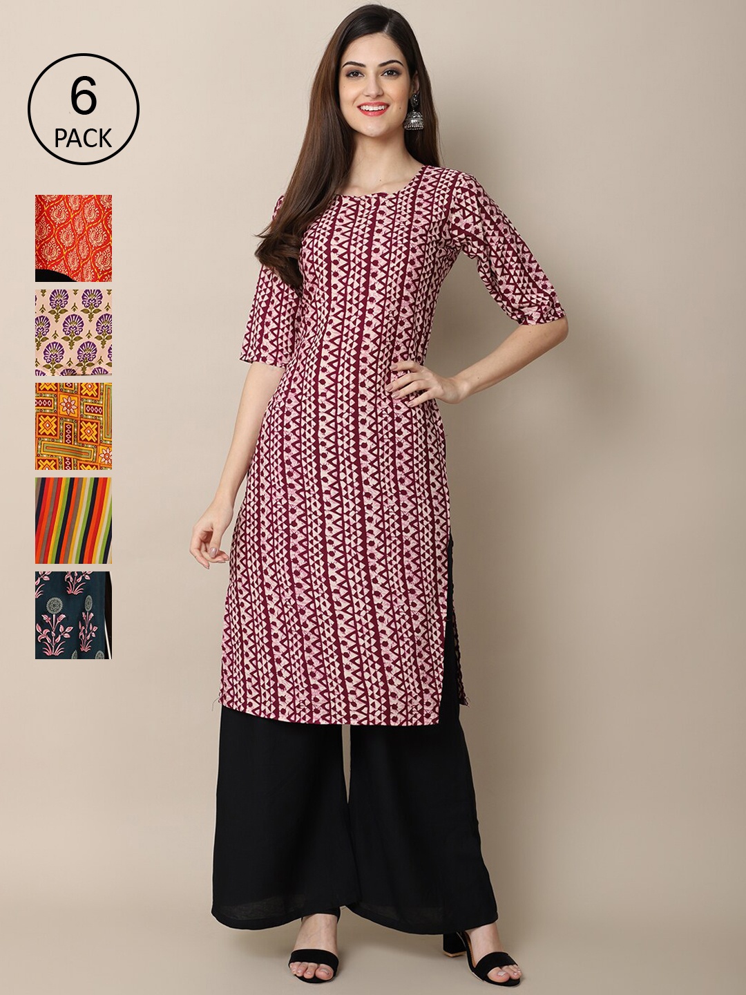 

7Threads Women Pack Of 6 Multicoloured Ethnic Motifs Printed Crepe Kurta, Multi