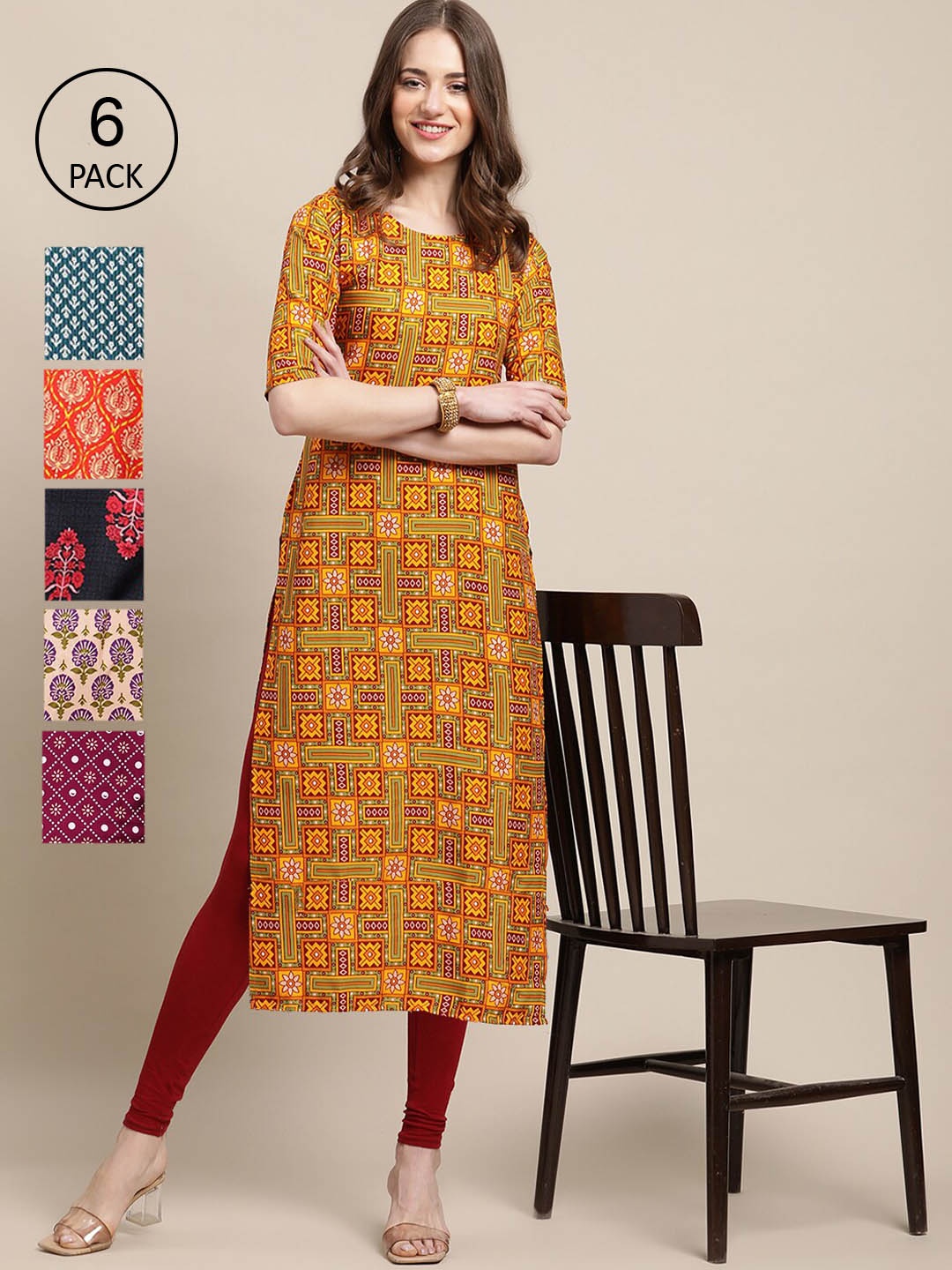 

7Threads Women Pack Of 6 Geometric Printed Thread Work Block Print Crepe Kurta, Maroon