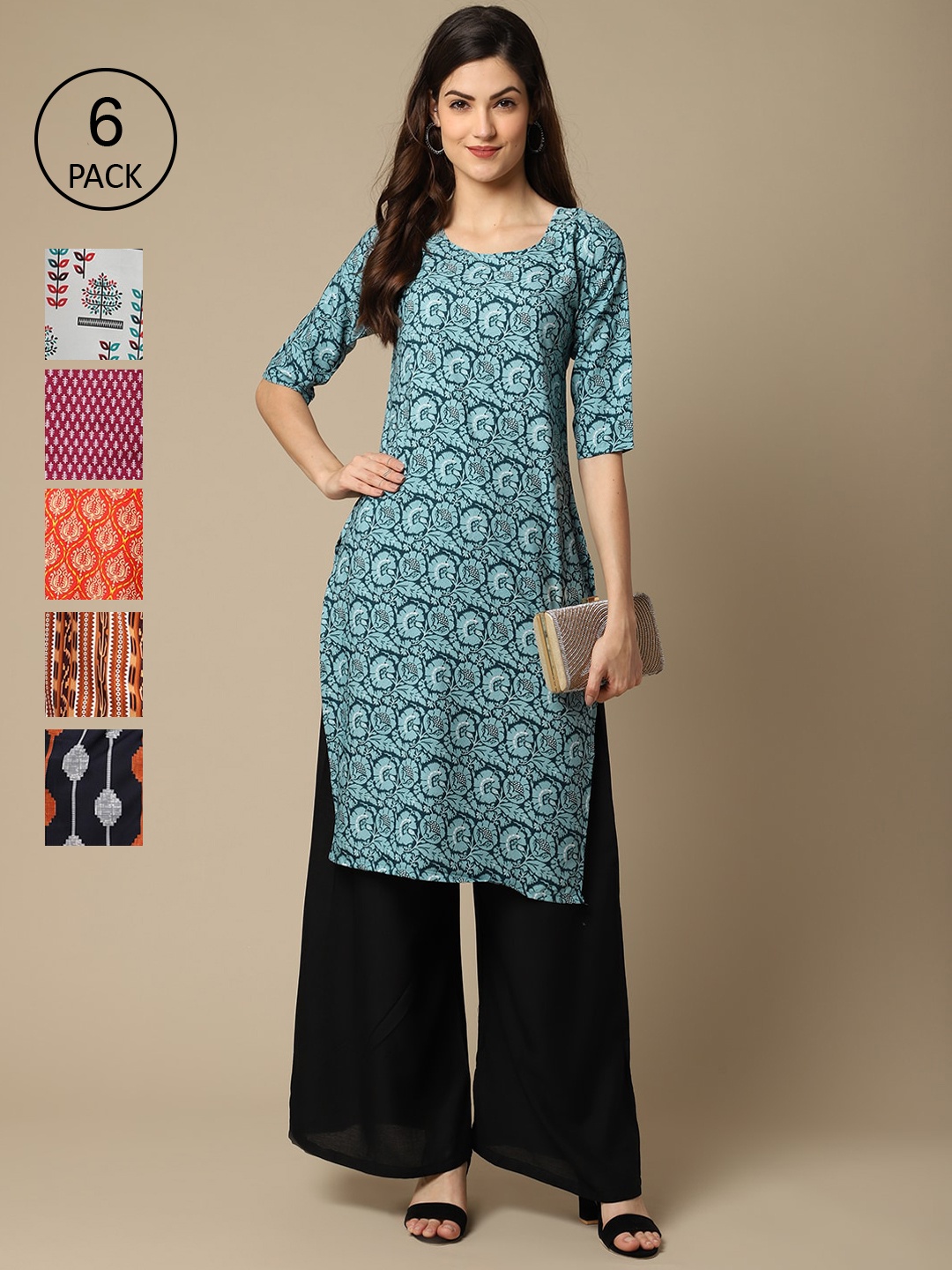 

7Threads Women Pack of 6 Ethnic Motifs Printed Summer Sheers Crepe Kurta, Blue