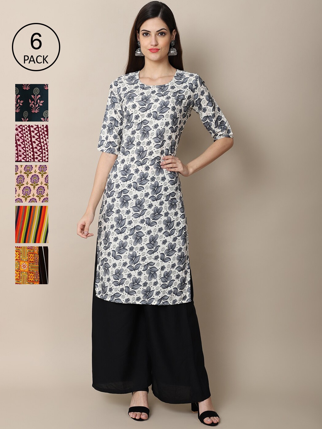 

7Threads Women Pack Of 6 Ethnic Motifs Printed Summer Sheers Crepe Kurtas, White