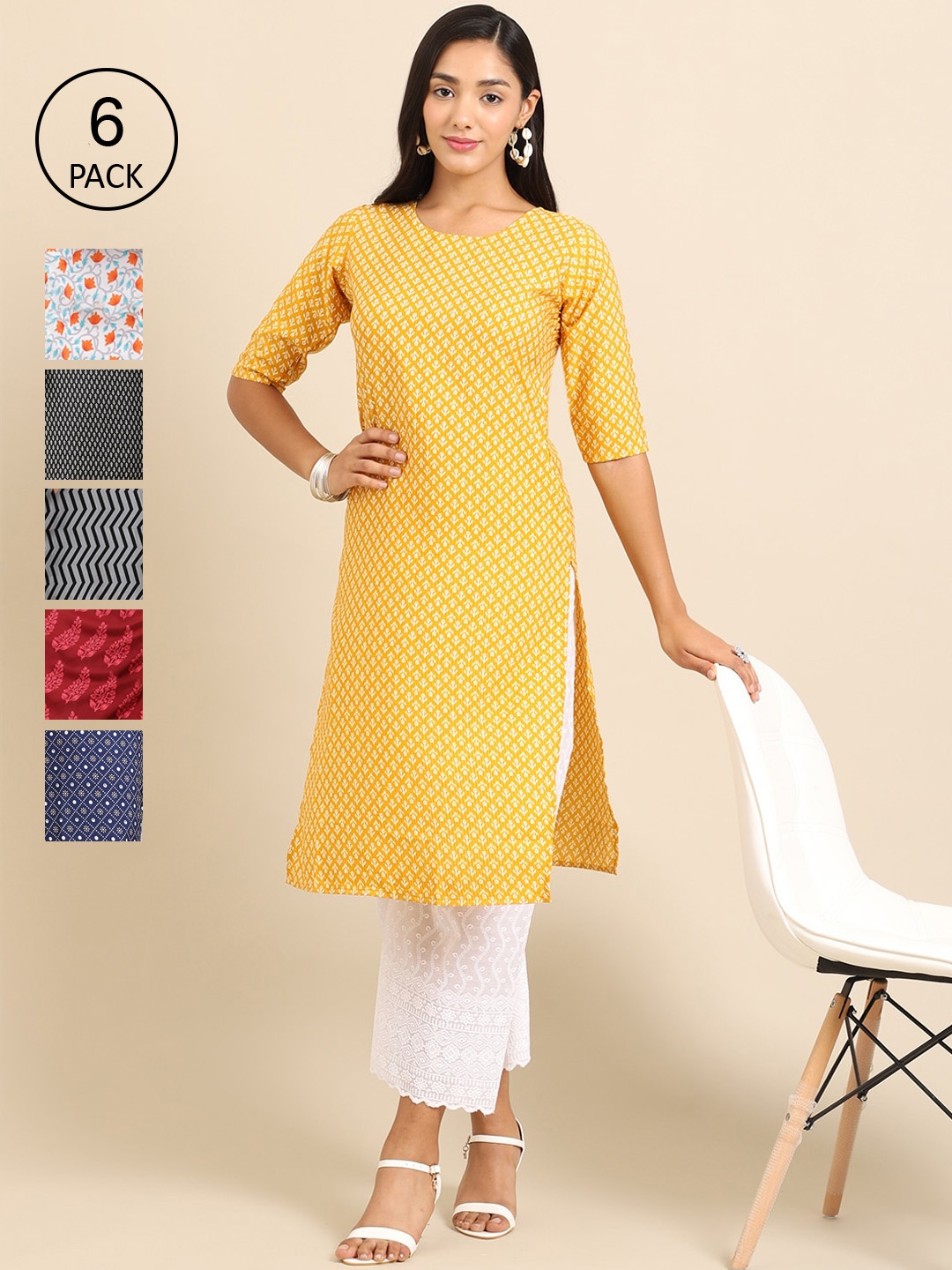 

7Threads Women Pack of 6 Yellow Printed Summer Sheers Crepe Kurta