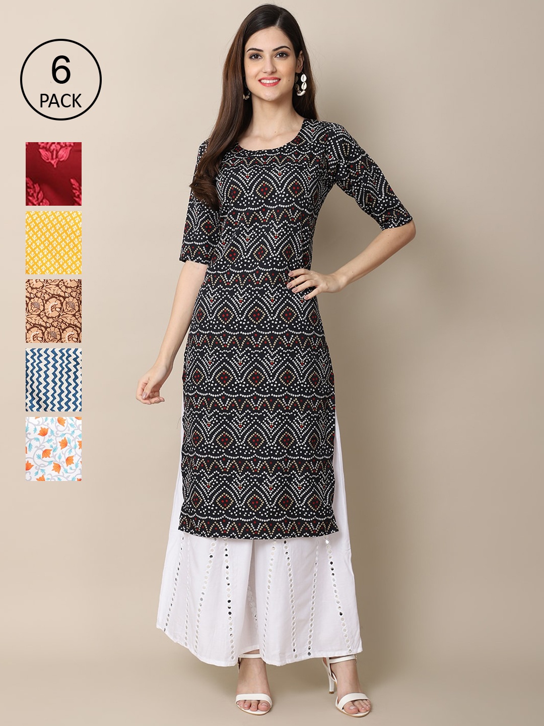 

7Threads Women's Crepe Multi Color Digital Printed Straight Kurta [PACK OF 6]