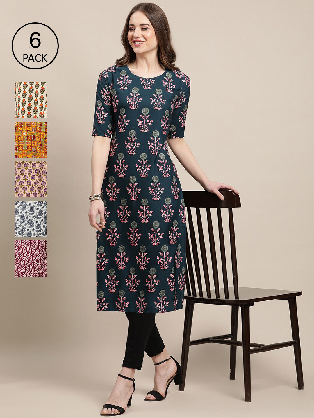 

7Threads Women Pack Of 6 Ethnic Motifs Printed Summer Sheers Crepe Kurta, Blue