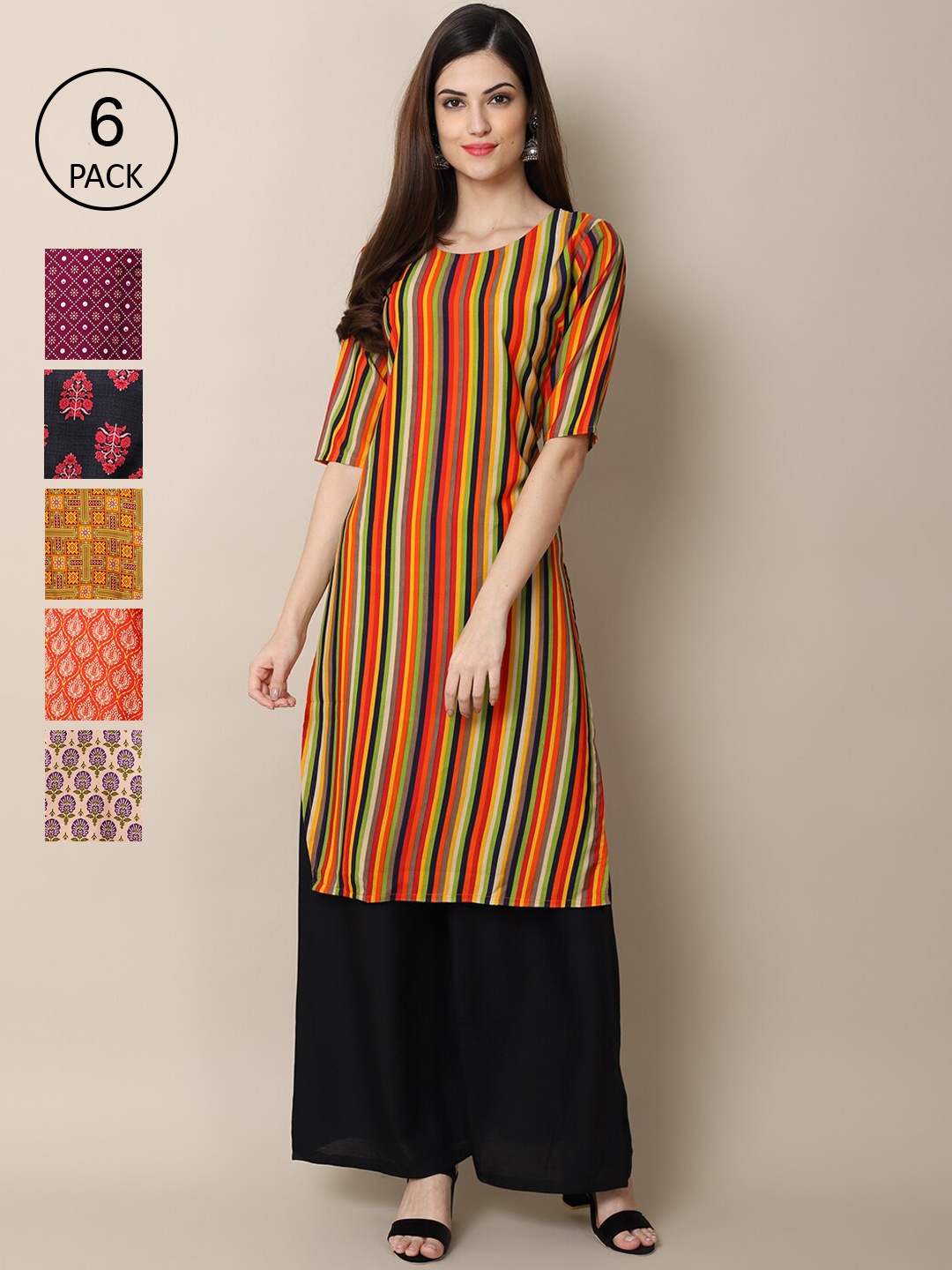 

7Threads Pack Of 6 Women Floral Printed Summer Sheers Crepe Kurta, Maroon