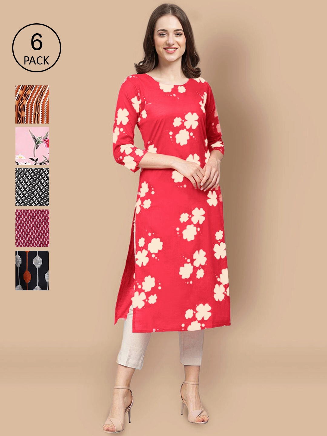 

7Threads Women Pack of 6 Crepe Kurta, Red