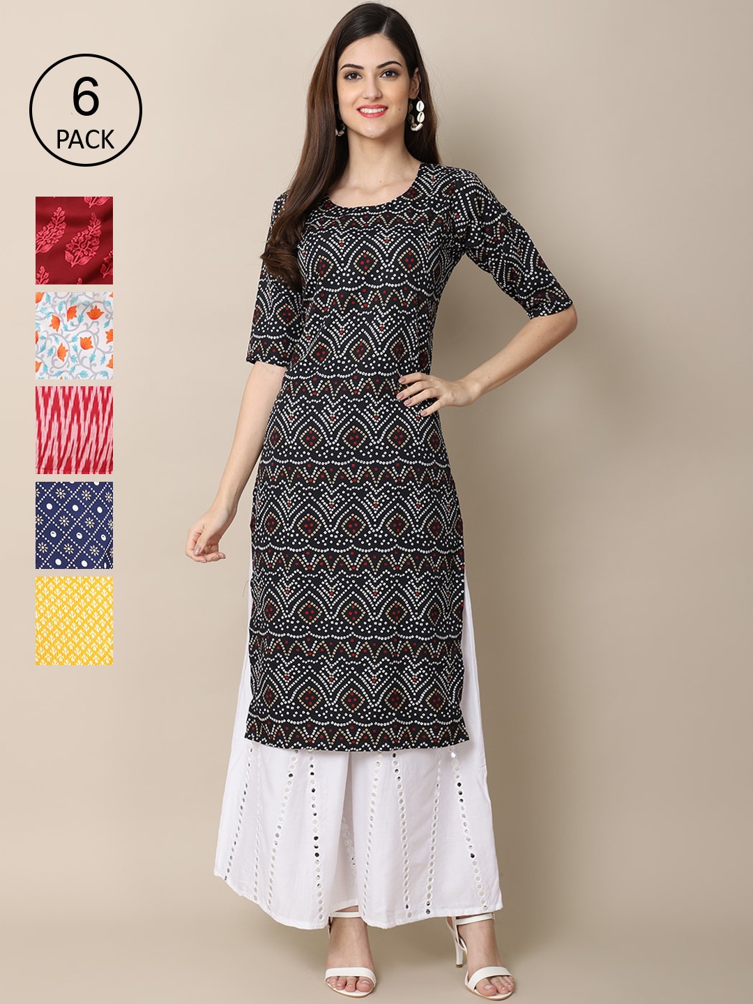 

7Threads Women Black & Red Pack Of 6 Geometric Summer Sheers Crepe Kurta