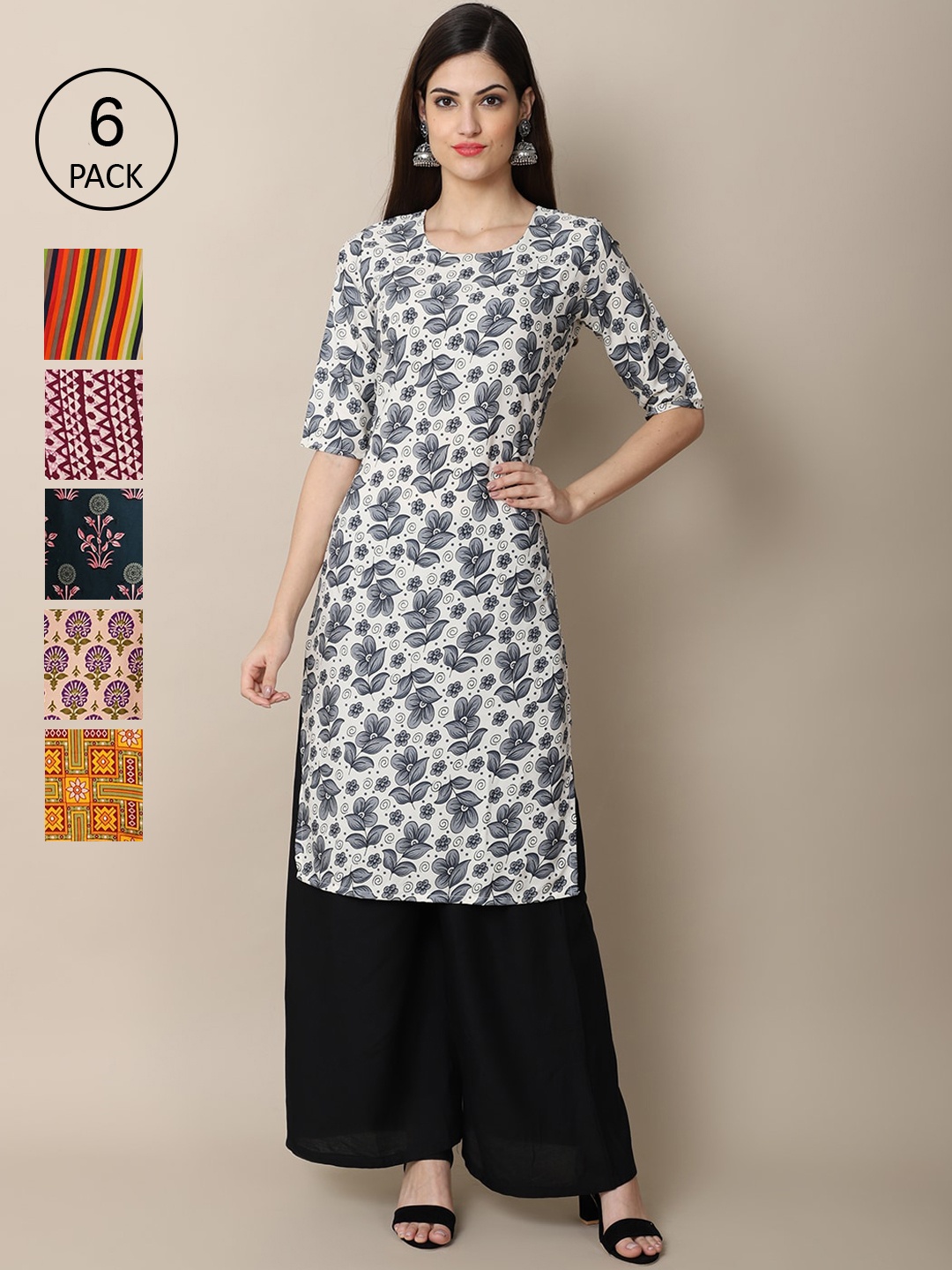 7Threads Women Pack Of 6 Floral Printed Crepe Straight Kurta, Mustard