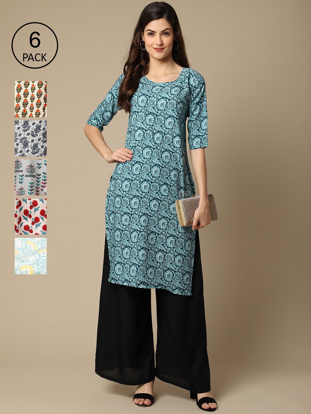 

7Threads Women Pack of 6 Printed Summer Sheers Crepe Kurta, Blue